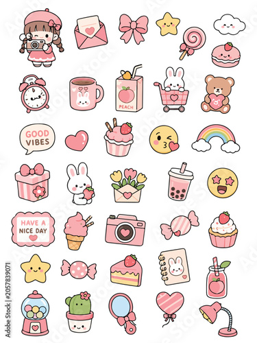 Cute Kawaii Pastel Sticker Set with Bunny, Bear, Sweets and Cute Objects