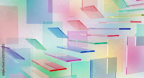 Abstract background with floating translucent colorful glass panels and geometric shapes