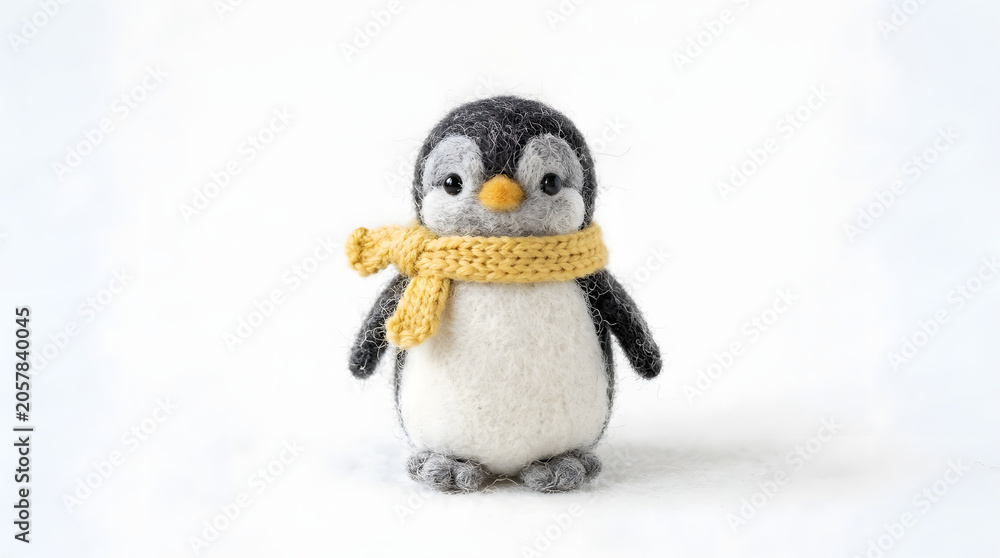 Fototapeta premium miniature needle felted penguin wearing a yellow knit scarf handcrafted wool animal stock photo