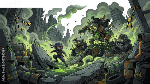 Φωτογραφία Ninja warrior fighting toxic garbage monster in a destroyed post apocalyptic cit