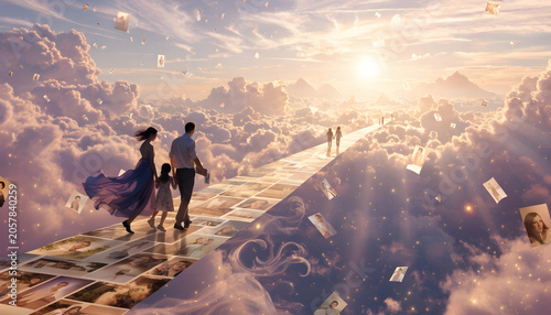 Family journey to heaven pathway of memories and eternal life concept
