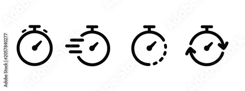 Canvas-taulu Timer icon set featuring alarm clock, stopwatch, and countdown symbols for time tracking, scheduling, and duration concept in outline vector illustration collection