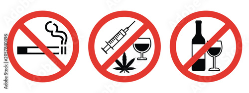 Photos forbidden drugs sign set, red crossed out circle prohibition symbols, no smoking