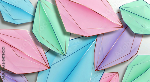 Abstract background with colorful geometric paper leaf shapes and rose gold outlines