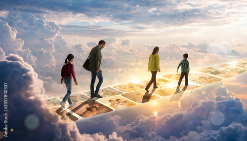 Family walking on a path of memories in the sky