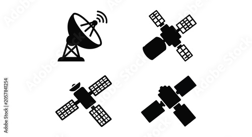 Schilderij op canvas Satellite dish and communication satellites in black silhouette spacecraft orbit