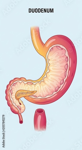 Anatomical diagram of human duodenum in digestive system.