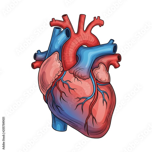 3D rendered human heart with blood vessels and aorta.
