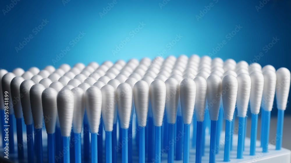 Fototapeta premium Many white cotton swabs with blue plastic sticks arranged in a neat grid pattern against a vibrant blue studio background
