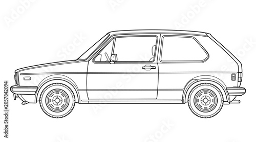 Line drawing of a classic Volkswagen Golf hatchback car