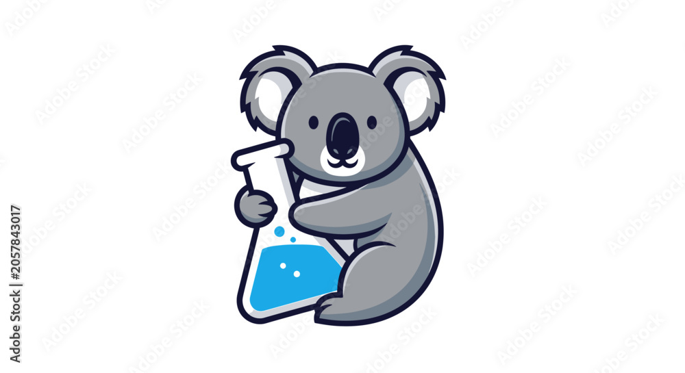 Fototapeta premium Cartoon Koala Holding a Science Beaker with Blue Liquid and Bubbles - Cute Animal Illustration for Education and Science