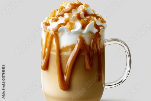 Caramel macchiato topped with whipped cream and golden syrup drizzle in a glass mug with sharp focus for cafe menu and beverage marketing