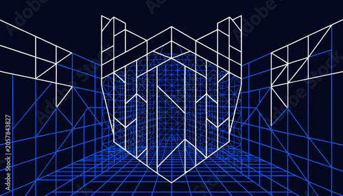 Wireframe shield shape with grid background digital illustration