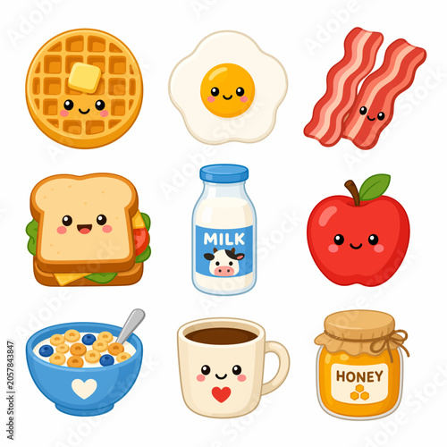 Photos Cartoon breakfast food and drink items.