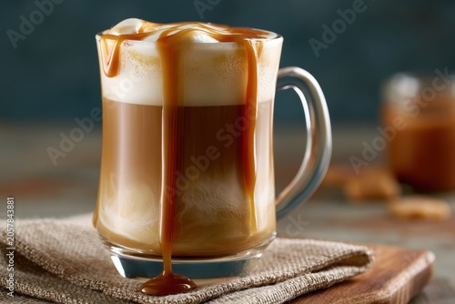 Caramel macchiato with sweet sauce dripping over foam in a glass mug on a rustic wood table with macro focus for cafe menu and food blogging marketing