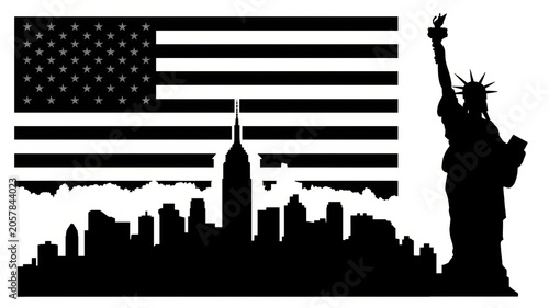 New york city skyline silhouette with statue of liberty and american flag background, for patriotic
