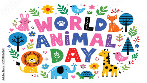 Photography World Animal Day banner features colorful wild creatures surrounded by decorative floral elements and nature motifs