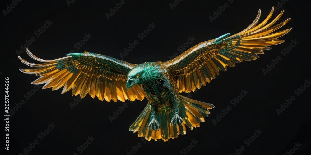 Obraz premium Majestic crystalline eagle in flight with glowing orange wings and emerald body on a dark background futuristic 3D sculpture