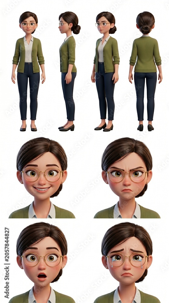 Obraz premium Data Analyst 3D Character Sheet Front Back Side Three Quarter Views Face Expressions Happy Angry Surprised