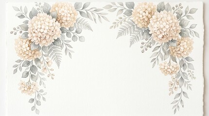 Watercolor hydrangea floral border with soft beige flowers and grey leaves, elegant arch frame template isolated on white background