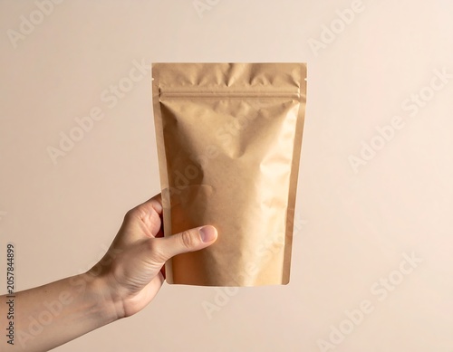 Hand Holding Blank Brown Snack Pouch for Food Packaging on Soft Cream Background with Minimal Eco-Friendly Product Mockup and Branding Space Concept