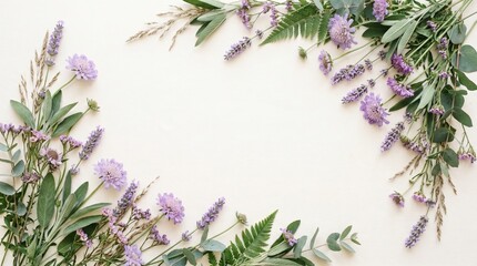 Elegant floral frame border with purple wildflowers, lavender and green leaves on solid light background, flat lay top view with copy space