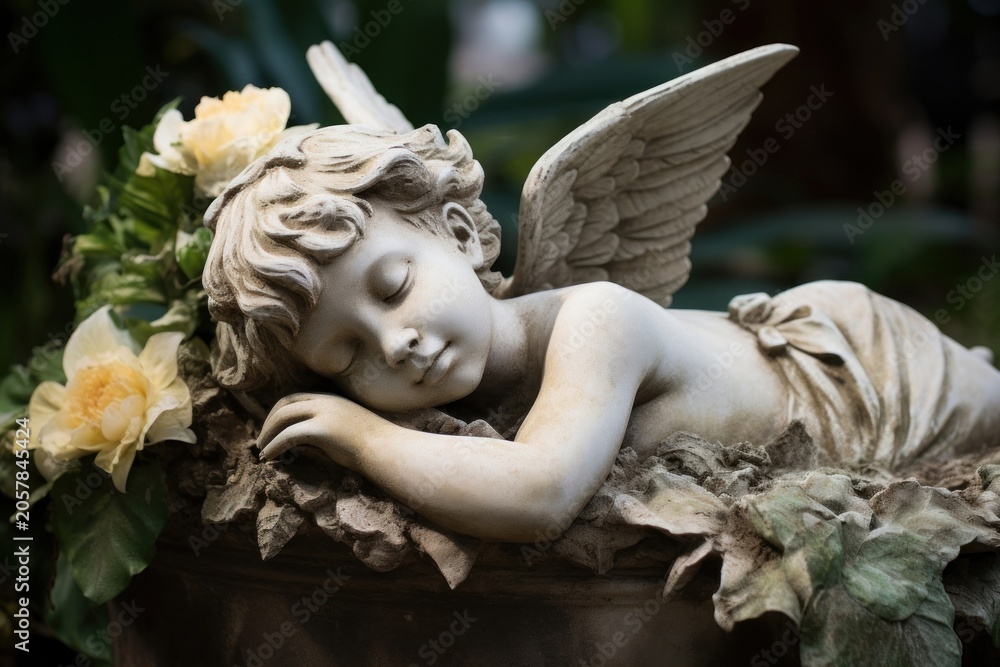 Naklejka premium Cherub angel sculpture flower.