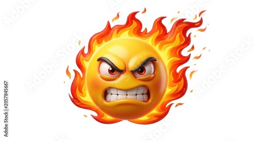 Angry fire emoji with burning flames, furious yellow face with clenched teeth, aggressive heat and temper expression for digital communication isolated on White Background
