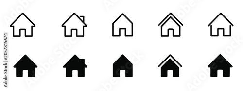 Web home icon set for websites and apps featuring simple house symbols in filled, outline, thin line, and stroke styles.