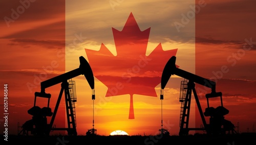 Oil pump jacks silhouette against canadian flag and dramatic sunset sky representing energy industry resources
