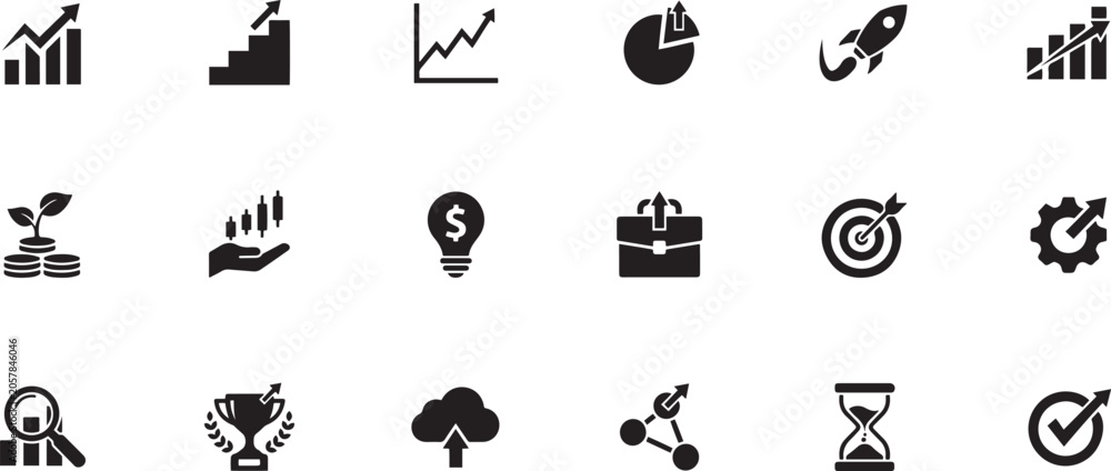 Obraz premium Growth icon set. Containing arrow up, growing graph, business chart icons. silhouette vector
