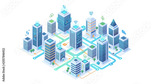 Cityscape, urban planning, isometric buildings, smart city, infrastructure isolated on White Background ai