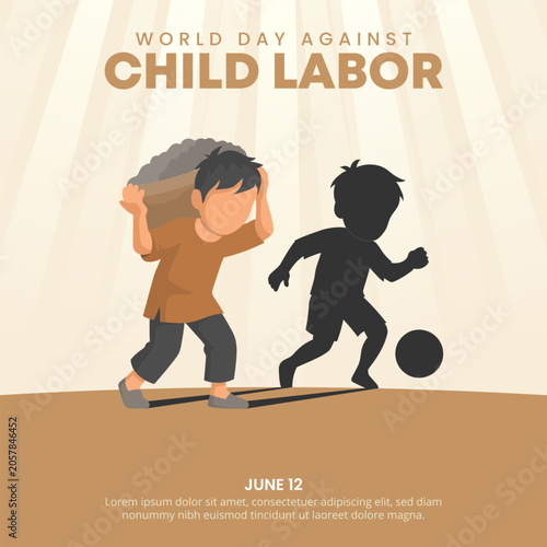 World Day Against Child Labor Awareness Poster Showing a Working Child and Playing Football Shadow