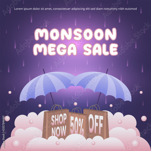 Monsoon season sale banner design featuring umbrellas and shopping bags in vibrant rainy weather