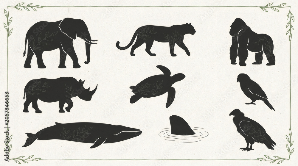 Fototapeta premium Endangered species silhouettes with leaf patterns