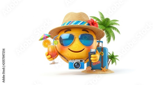 Summer travel emoji character with sunglasses and straw hat, happy tourist emoticon holding tropical cocktail and camera, 3D vacation concept isolated on White Background