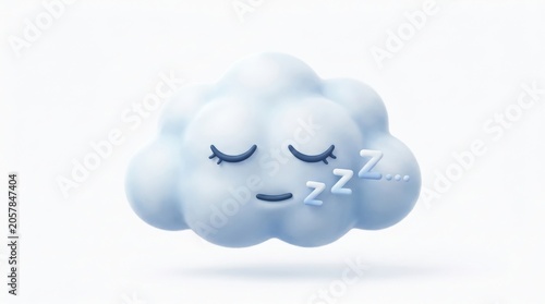 Cute 3D sleeping cloud character with closed eyes, soft blue fluffy cloud mascot for sleep and relaxation, dreamy weather icon with zzz symbols isolated on White Background