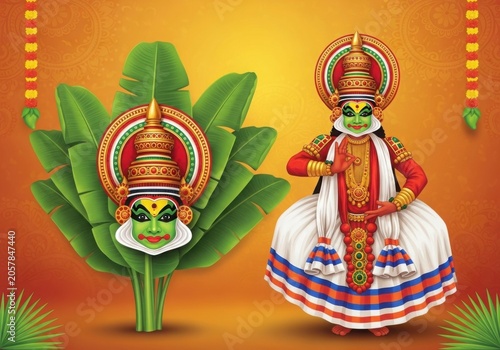 Kathakali Dancer and Face Illustration for Onam Festival Celebration