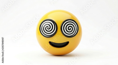 Hypnotized dizzy emoji with spiral eyes, yellow 3D emoticon face expressing confusion, glossy dazed character for mental health and stress concepts isolated on White Background