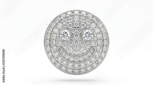 Luxury diamond smiley face pendant, sparkling silver jewelry emoji, brilliant round cut gemstone happy face, opulent white gold jewelry accessory isolated on White Background