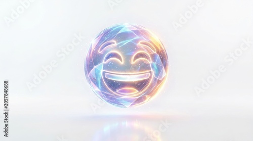 Futuristic crystal emoji sphere with laughing face, glowing glass orb with digital smile icon, iridescent holographic laughing emoticon isolated on White Background