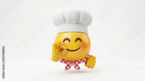 Chef emoji character wearing white toque hat, happy yellow emoticon showing okay hand gesture, culinary mascot with red checkered scarf isolated on White Background