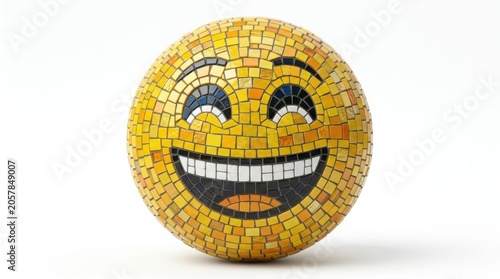 Mosaic yellow smiley face emoji, decorative tiled sphere with happy expression, artistic stone masonry emoticon for digital communication isolated on White Background