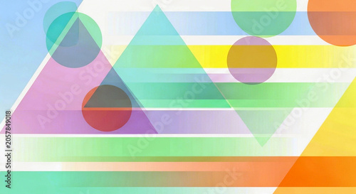 Abstract geometric background with overlapping triangles, circles, and horizontal stripes in vibrant pastel colors