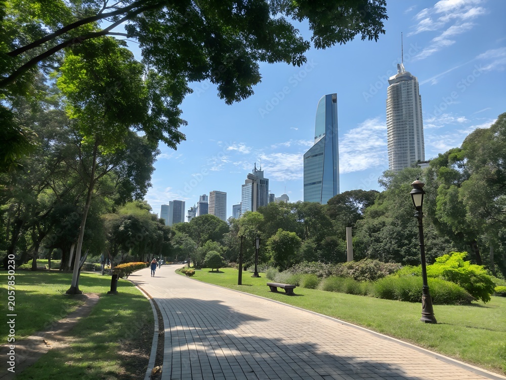 Fototapeta premium City park with paved walkway and skyscrapers