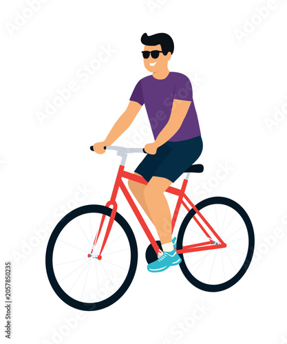 Man riding bicycle isolated on white background. Vector illustration in flat minimal style. Active lifestyle character for sport design, fitness apps, transport ads, web banners and healthy living use