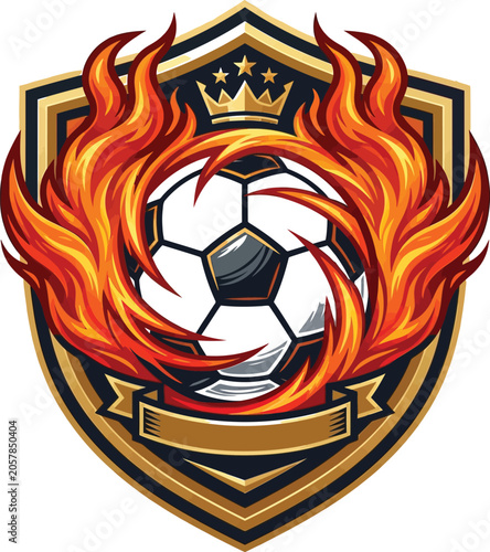 Fiery Soccer Ball Emblem with Golden Crest and Laurel Wreath