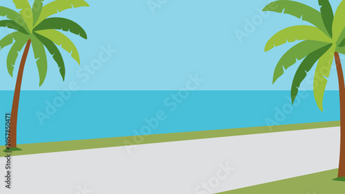 Tropical beach landscape with palm trees and sea. Vector illustration in flat minimal style. Summer nature background for travel design, banners, posters, websites and vacation promotions.