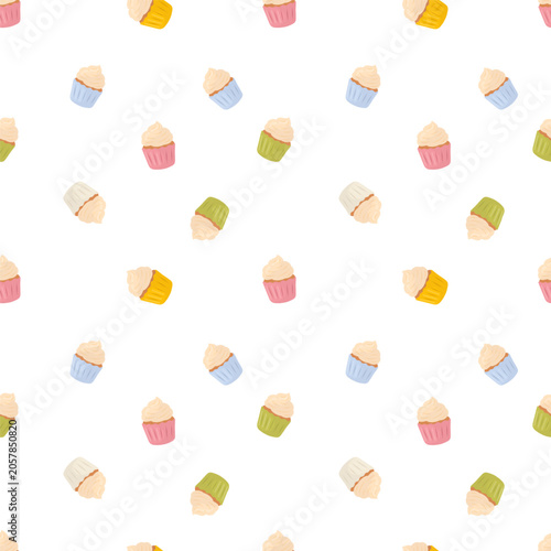 Seamless pattern with small colorful cupcakes in scattered layout. Vector illustration in soft flat minimal style. Sweet dessert background for packaging, textile, wrapping paper, party design
