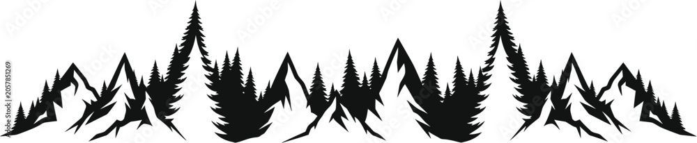 Obraz premium Mountain range and pine forest silhouette vector graphic for outdoor adventure branding and nature themed design projects